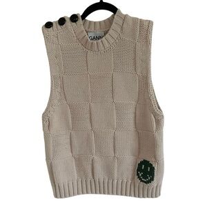 Ganni Beige Smiley Graphic Cable Knit Sweater Vest NWT Small